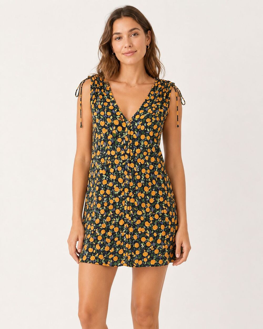 & Other Stories Womens 8 Orange Fruit Print Tie Shoulder Mini Dress Black